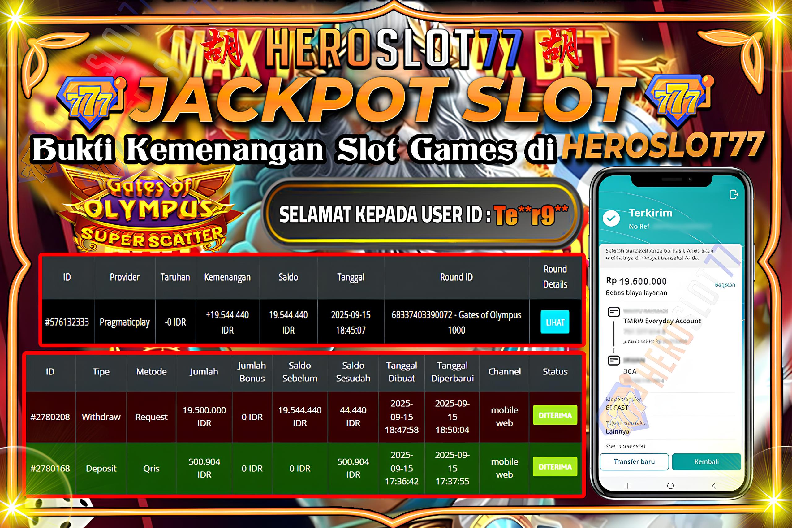 HEROSLOT77 JACKPOT SLOT GATES OF OLYMPUS SUPER SCATER Rp19.500.000.- LUNAS!!!
